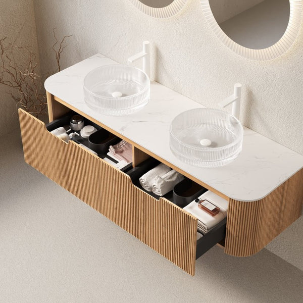 English Elm Dina 60 Inch Floating Bathroom Vanity Sintered Stone Top Dual Glass Basins Wood Grain Carrara White,Natural Wood,Transparent W2615S00239