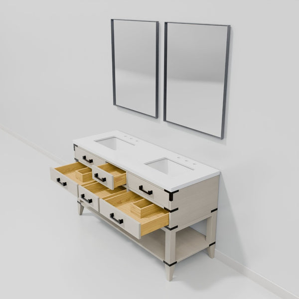 English Elm White Oak Double Bath Vanity Set With White Quartz Top, Mirrors, Ample Storage & Timeless Design B2731S01635-GIGA