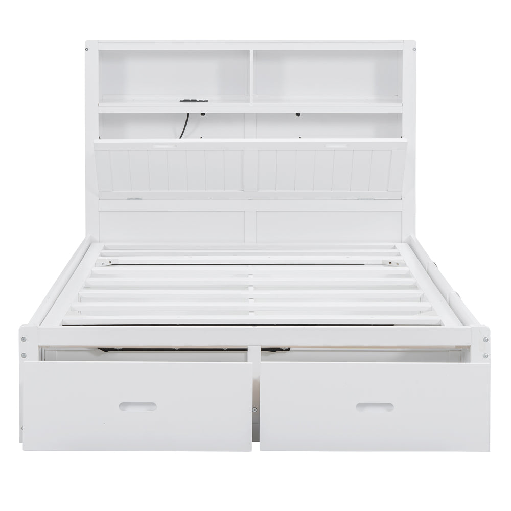 English Elm Wood Full Size Hydraulic Platform Bed with LED Headboard, Charging Station, Hidden Storage Drawers and Shelves White GX000371AAK