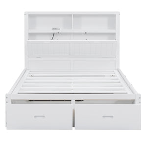 English Elm Wood Full Size Hydraulic Platform Bed with LED Headboard, Charging Station, Hidden Storage Drawers and Shelves White GX000371AAK