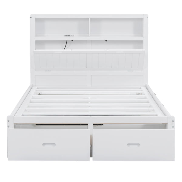 English Elm Wood Full Size Hydraulic Platform Bed with LED Headboard, Charging Station, Hidden Storage Drawers and Shelves White GX000371AAK