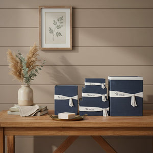 HomeRoots 13.5" Stylish Blue Fabric Basket Set of 5 with Decorative Bow – Perfect for Home Organization & Storage 364158