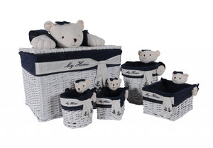 Homeroots 15.5" X 23.5" X 22" White Blue Rectangular Bear Design Basket Set Of 5  Rattan 364163