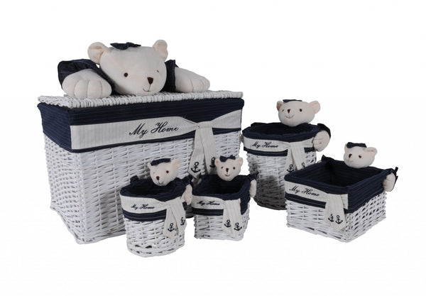 Homeroots 15.5" X 23.5" X 22" White Blue Rectangular Bear Design Basket Set Of 5  Rattan 364163