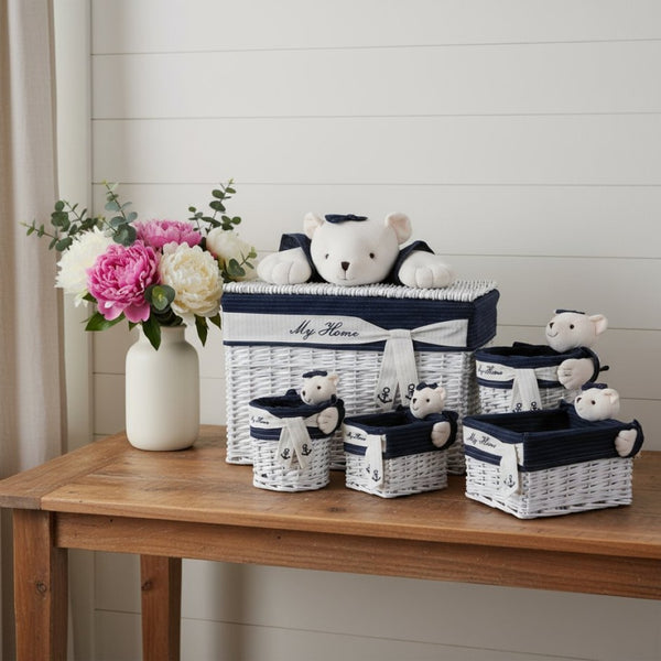 HomeRoots Set of Five Blue-and-White Rattan Baskets - Stylish Coastal Storage for Home Organization & Decor 364163
