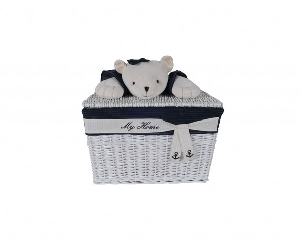 Homeroots 15.5" X 23.5" X 22" White Blue Rectangular Bear Design Basket Set Of 5  Rattan 364163