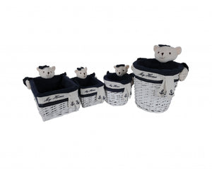 Homeroots 15.5" X 23.5" X 22" White Blue Rectangular Bear Design Basket Set Of 5  Rattan 364163