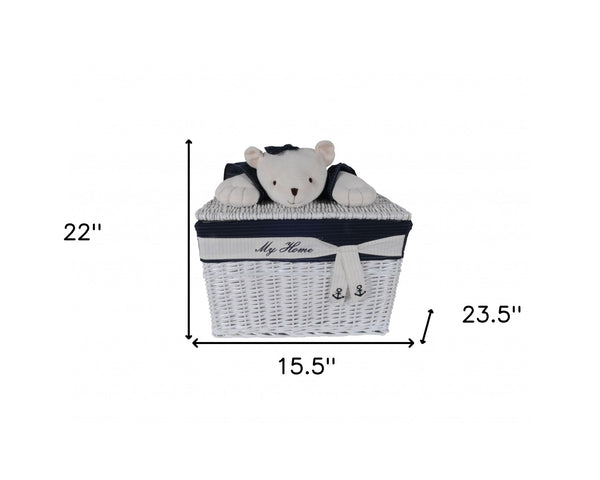 Homeroots 15.5" X 23.5" X 22" White Blue Rectangular Bear Design Basket Set Of 5  Rattan 364163