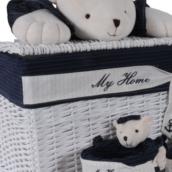 Homeroots 15.5" X 23.5" X 22" White Blue Rectangular Bear Design Basket Set Of 5  Rattan 364163