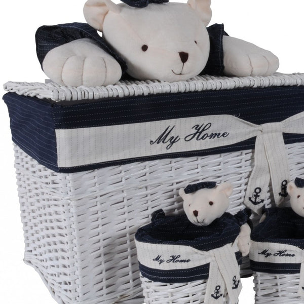 Homeroots 15.5" X 23.5" X 22" White Blue Rectangular Bear Design Basket Set Of 5  Rattan 364163