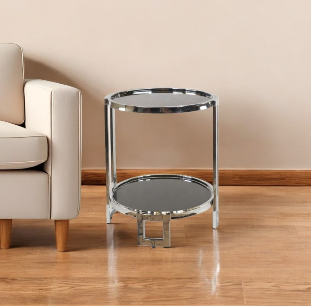 HomeRoots 22" Glamorous Silver Glass Round Mirrored End Table with Shelf for Modern & Chic Home Decor 364167