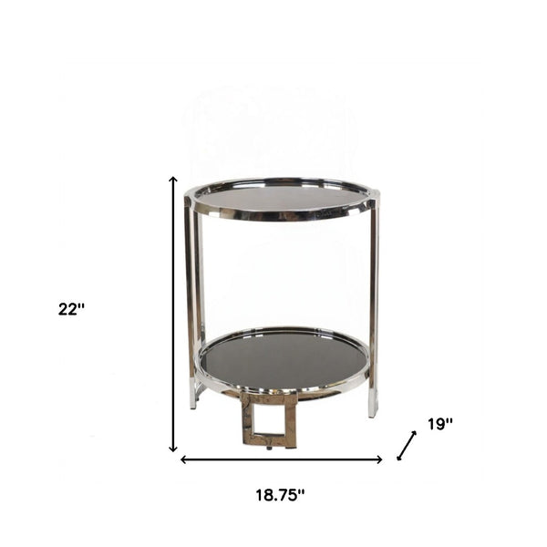 HomeRoots 22" Glamorous Silver Glass Round Mirrored End Table with Shelf for Modern & Chic Home Decor 364167