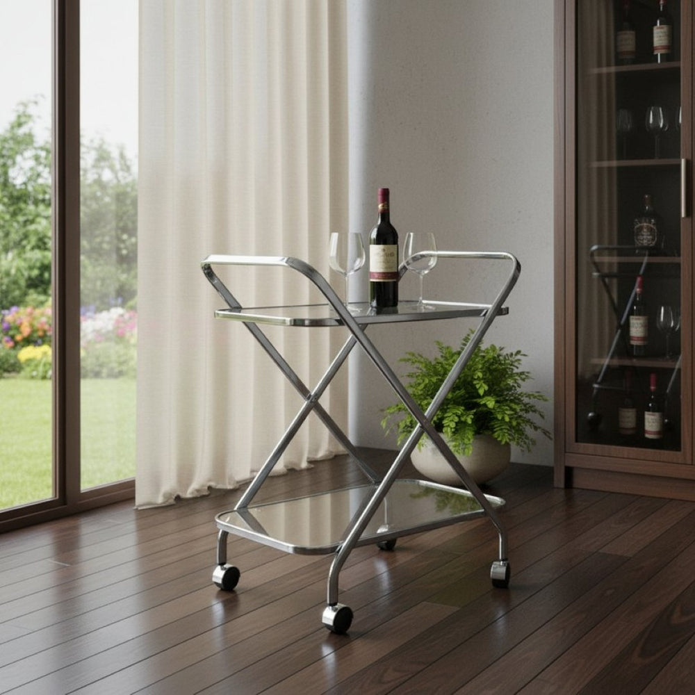 HomeRoots 26" Silver Metal and Glass Rolling Bar Cart - Modern Elegance for Stylish Entertaining & Easy Mobility 364168