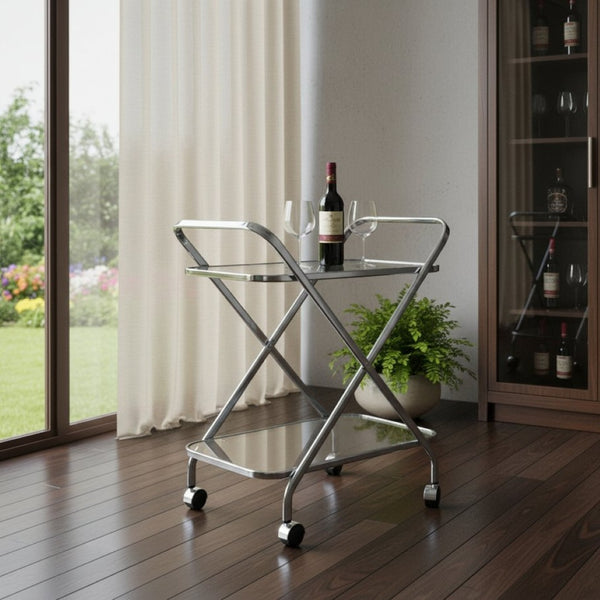 HomeRoots 26" Silver Metal and Glass Rolling Bar Cart - Modern Elegance for Stylish Entertaining & Easy Mobility 364168