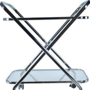 HomeRoots 26" Silver Metal and Glass Rolling Bar Cart - Modern Elegance for Stylish Entertaining & Easy Mobility 364168