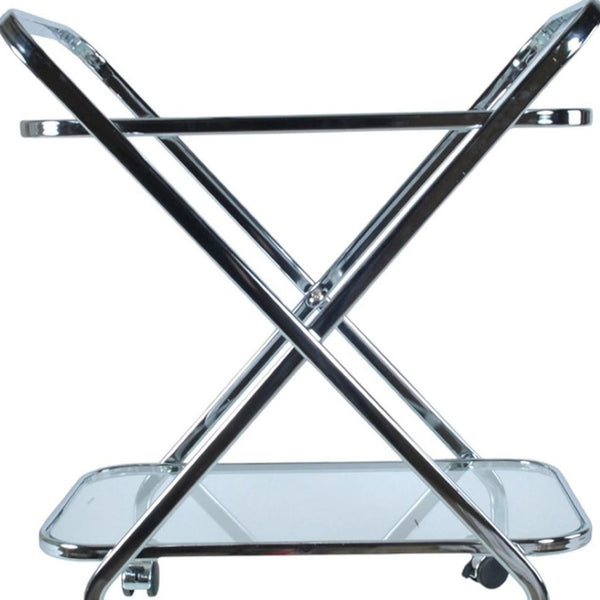 HomeRoots 26" Silver Metal and Glass Rolling Bar Cart - Modern Elegance for Stylish Entertaining & Easy Mobility 364168