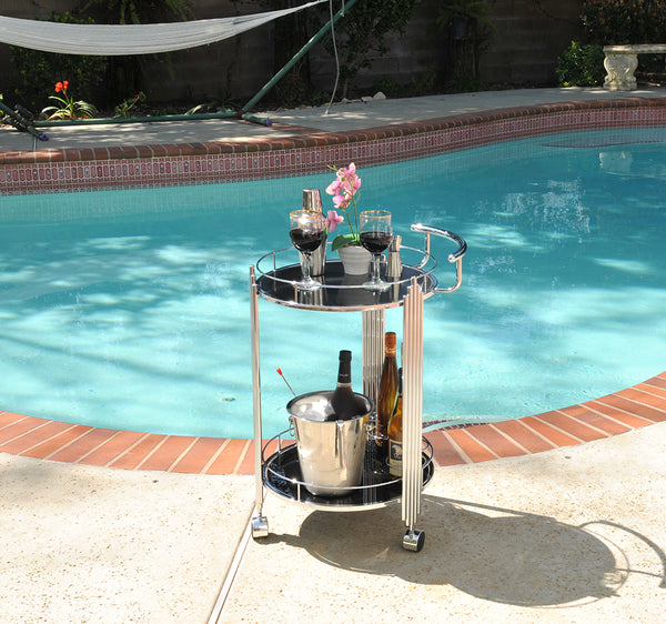 Homeroots Chrome Round Two Tier Rolling  Serving Or Bar Cart  Chrome 364169