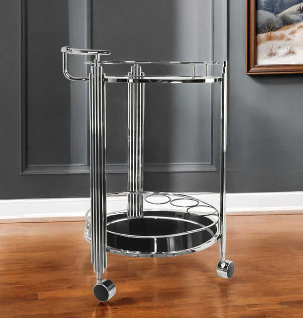 Homeroots Chrome Round Two Tier Rolling  Serving Or Bar Cart  Chrome 364169