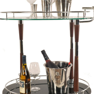 HomeRoots 18.75" Chrome Serving Trolley with Tempered Glass & Wood Accents – Stylish Bar Cart for Any Space! 364170