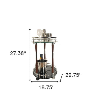 HomeRoots 18.75" Chrome Serving Trolley with Tempered Glass & Wood Accents – Stylish Bar Cart for Any Space! 364170