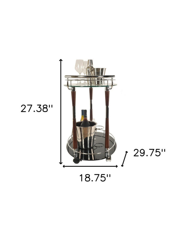 HomeRoots 18.75" Chrome Serving Trolley with Tempered Glass & Wood Accents – Stylish Bar Cart for Any Space! 364170