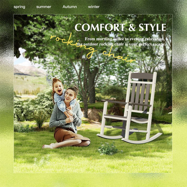 English Elm Outdoor Rocking Chairs Set of 2 HDPE Patio Oversized Rockers for Adults, Weatherproof, Ergonomic Comfort Grey+White W1859P360054