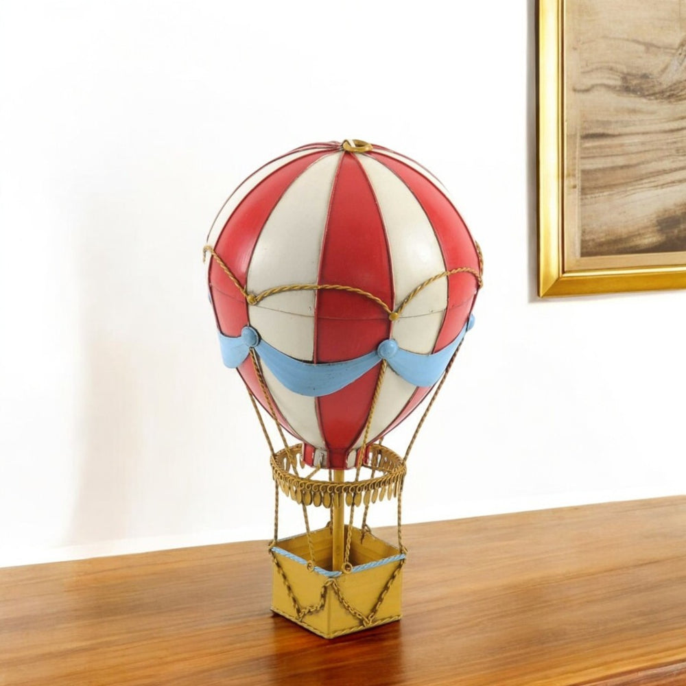 HomeRoots 15" Vintage Hand-Painted Red and White Metal Hot Air Balloon Sculpture for Home Décor & Gifting 364180