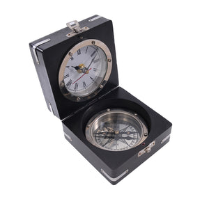 Homeroots Brass Compass And Clock With Wooden Case  Metal 364196