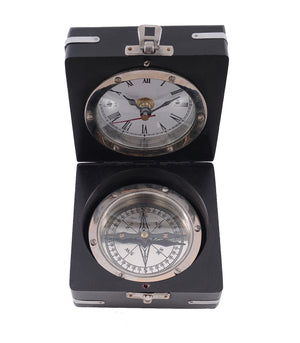 Homeroots Brass Compass And Clock With Wooden Case  Metal 364196