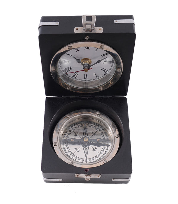 Homeroots Brass Compass And Clock With Wooden Case  Metal 364196
