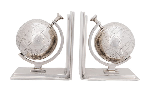 Homeroots 4.5" X 6.75" X 7.75" Alum Globe Bookend Set Of Two  Buffed Aluminum 364199