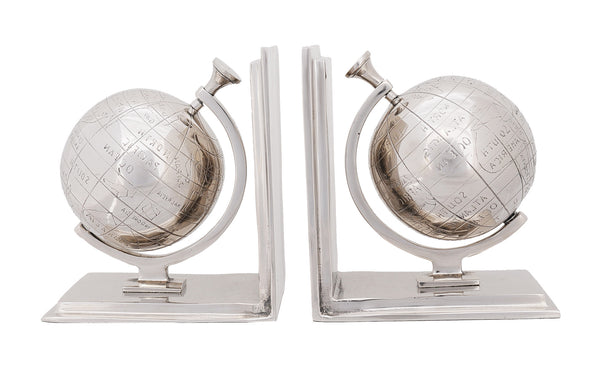 Homeroots 4.5" X 6.75" X 7.75" Alum Globe Bookend Set Of Two  Buffed Aluminum 364199