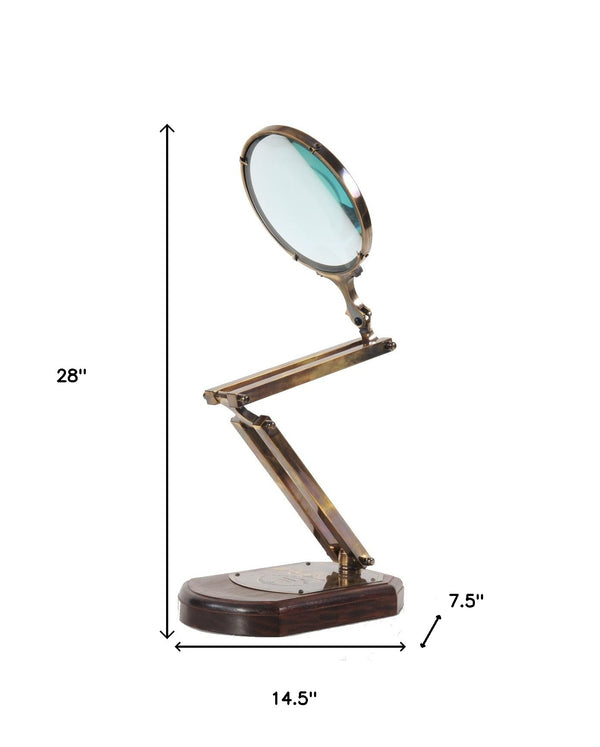 Homeroots 7.5" X 14.5" X 28" Brass Big Magnifier Glass With Wooden Base  Metal 364203