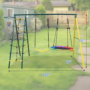 English Elm 4 in 1 Kids Outdoor Swing Set Steel A-frame with Climbing Net and Basketball Hoop W1408P169751