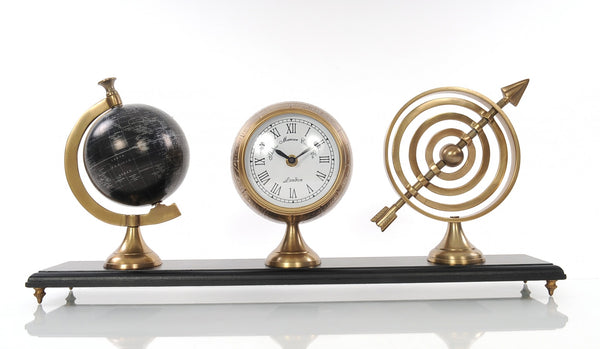 Homeroots 24" X 5.5" X 10.75" Armillery Clock And Globe On Wood Base  Metal 364219