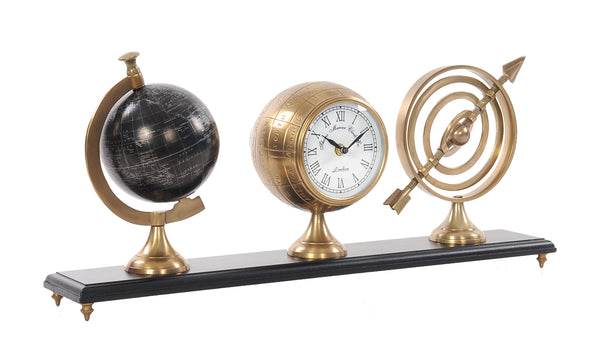 Homeroots 24" X 5.5" X 10.75" Armillery Clock And Globe On Wood Base  Metal 364219