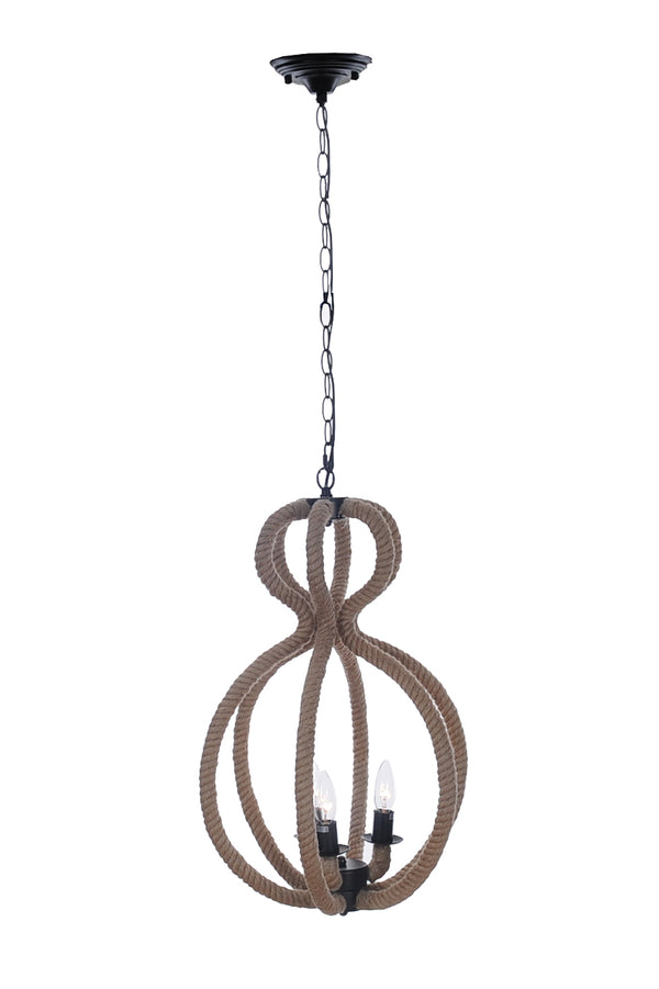 Homeroots Natural And Black Iron And Rope Three Light Ceiling Light   364238