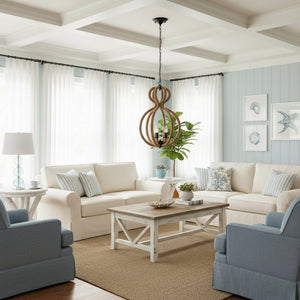 HomeRoots Natural Three-Light Ceiling Fixture with Hemp Rope and Rustic Black Iron for Stylish Interiors 364238
