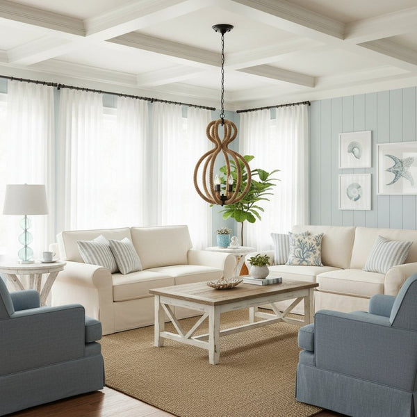 HomeRoots Natural Three-Light Ceiling Fixture with Hemp Rope and Rustic Black Iron for Stylish Interiors 364238
