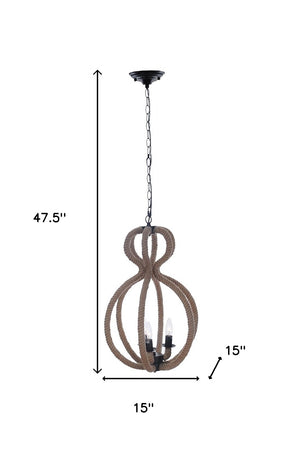 Homeroots Natural And Black Iron And Rope Three Light Ceiling Light   364238