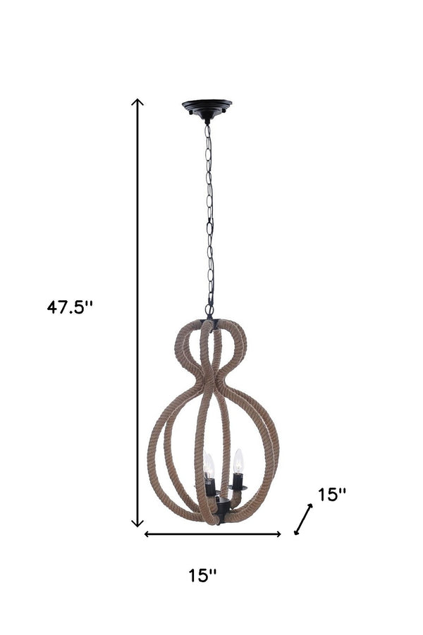 Homeroots Natural And Black Iron And Rope Three Light Ceiling Light   364238