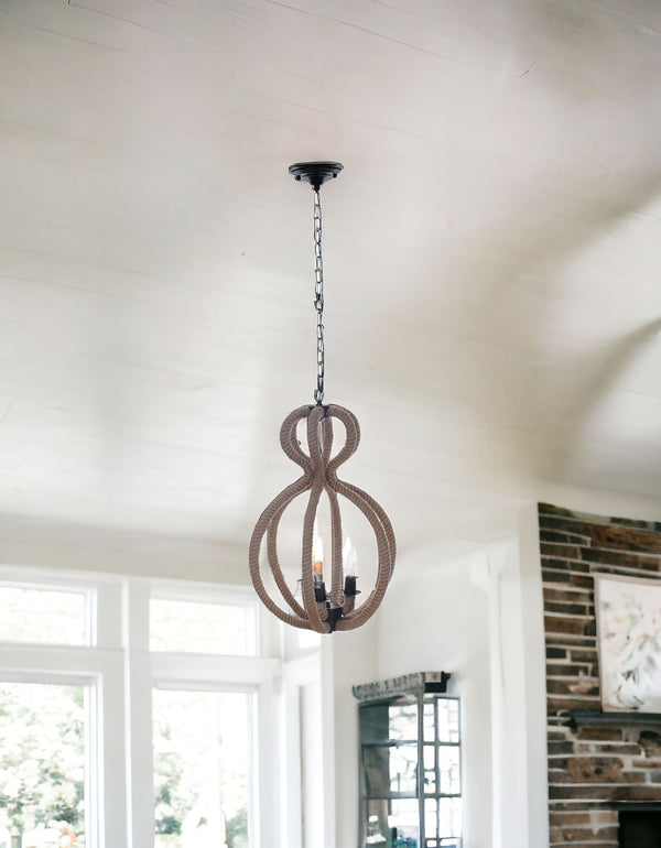 Homeroots Natural And Black Iron And Rope Three Light Ceiling Light   364238