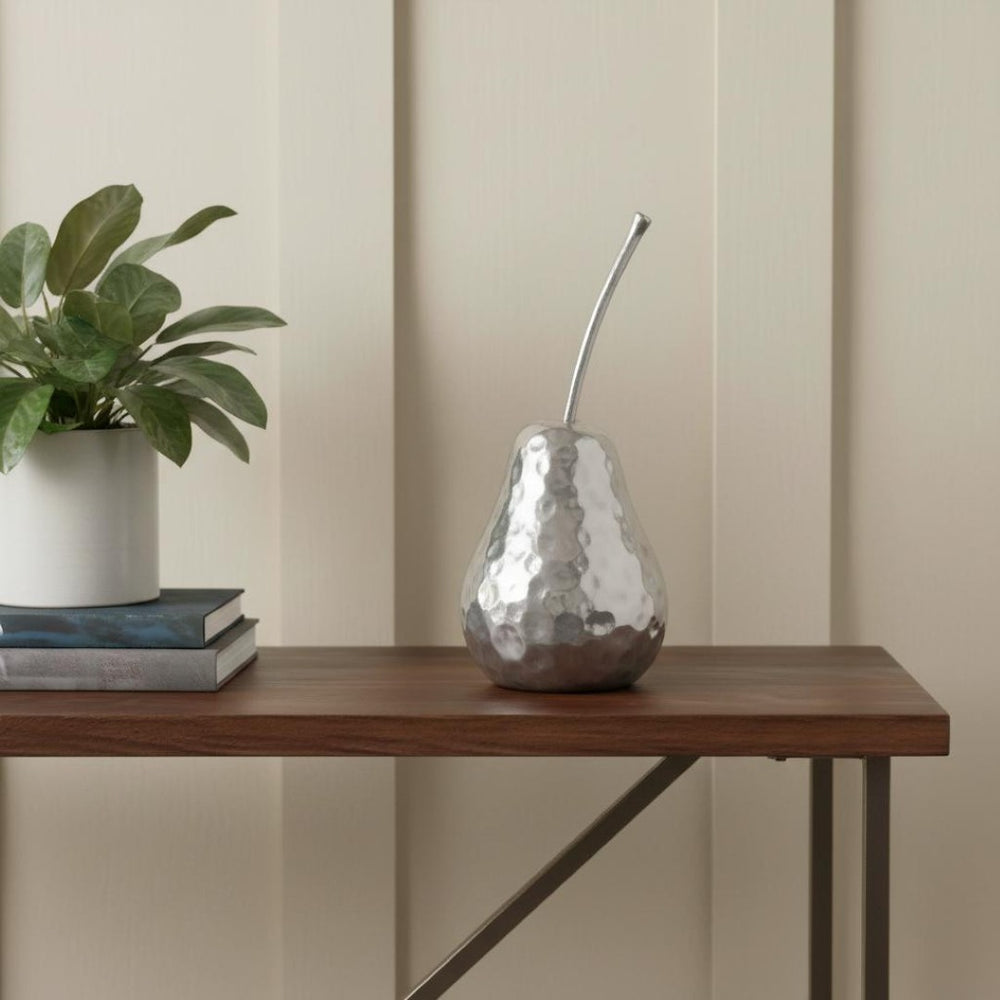 HomeRoots Delicious Hammered Finish Pear Statue - Artisan-Made, Unique Home Accent with Stunning Nickel Sheen 364250
