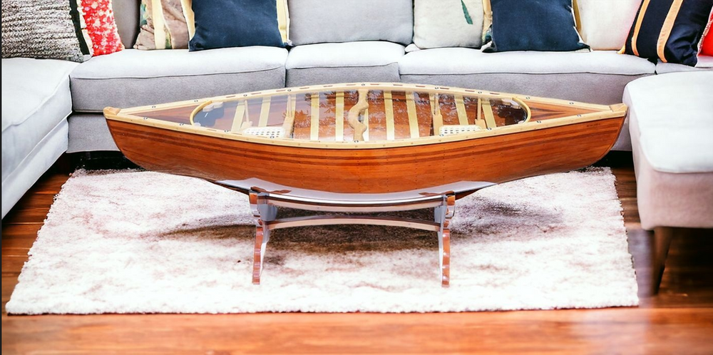 Homeroots Natural Solid Wood And Glass Canoe Coffee Table   364285