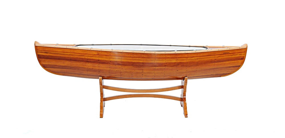 HomeRoots Natural Canoe Coffee Table with Clear Glass Top – Rustic Wood Design for Stylish Living Room Decor 364285