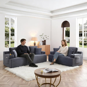 English Elm Boneless Floor Sofa Corduroy Upholstered 5 Seat Low Profile with Cup Holders for Living Room Grey W1117S00436