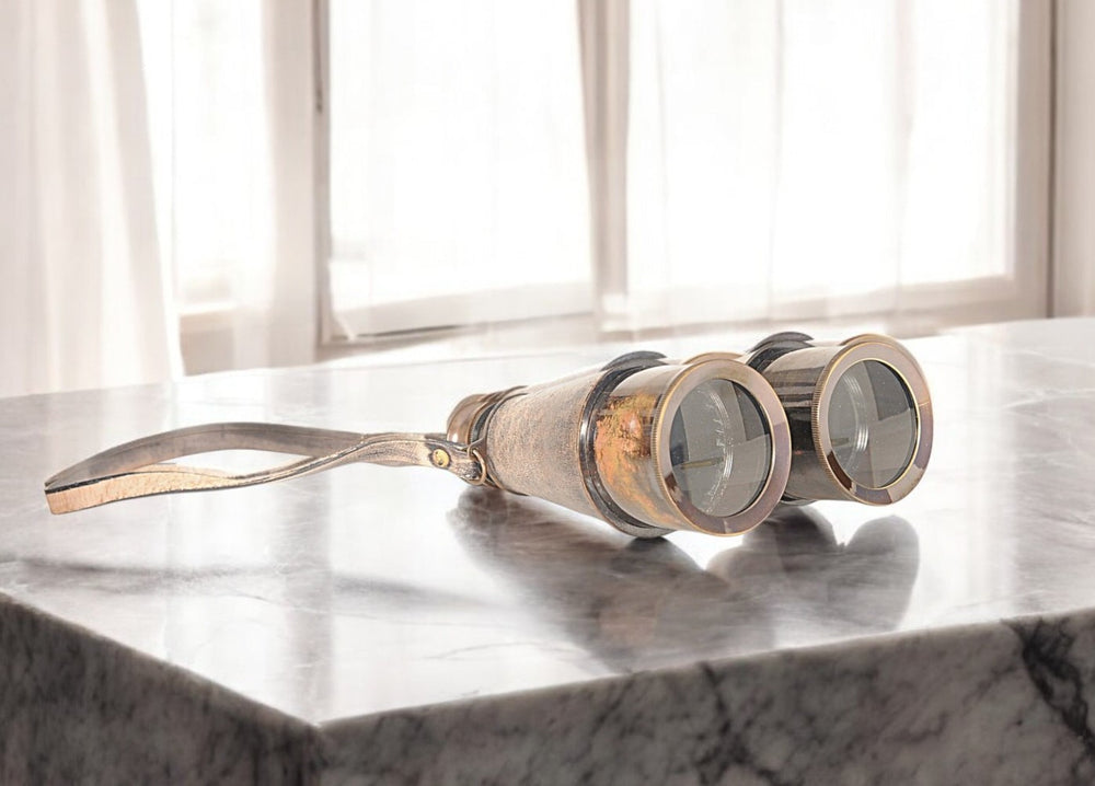 Homeroots Rustic Brass And Leather Binoculars In Wood Storage Box  Metal 364324