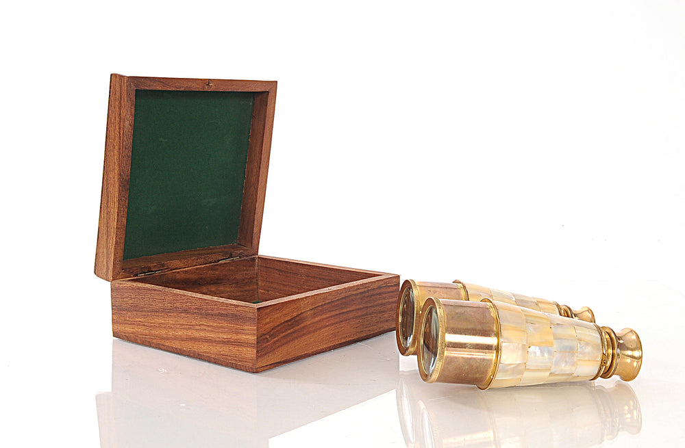 Homeroots Elegant Brass And Mother Of Pearl Binoculars In Wooden Storage Box  Metal 364326