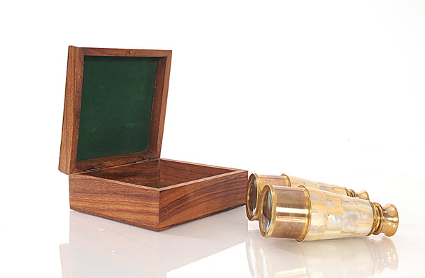 Homeroots Elegant Brass And Mother Of Pearl Binoculars In Wooden Storage Box  Metal 364326