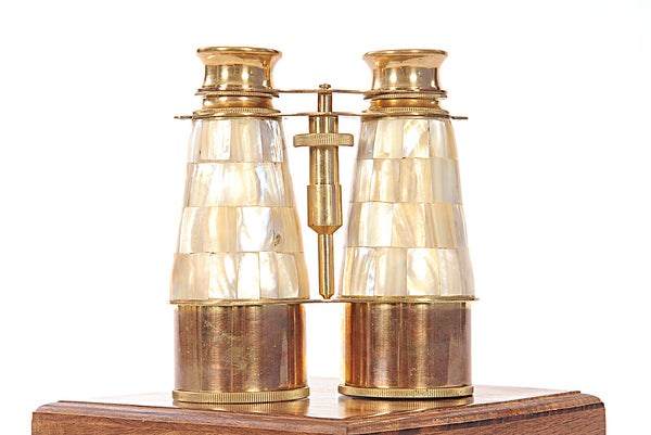Homeroots Elegant Brass And Mother Of Pearl Binoculars In Wooden Storage Box  Metal 364326